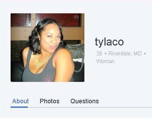 A dating profile of a woman with the username tylaco
