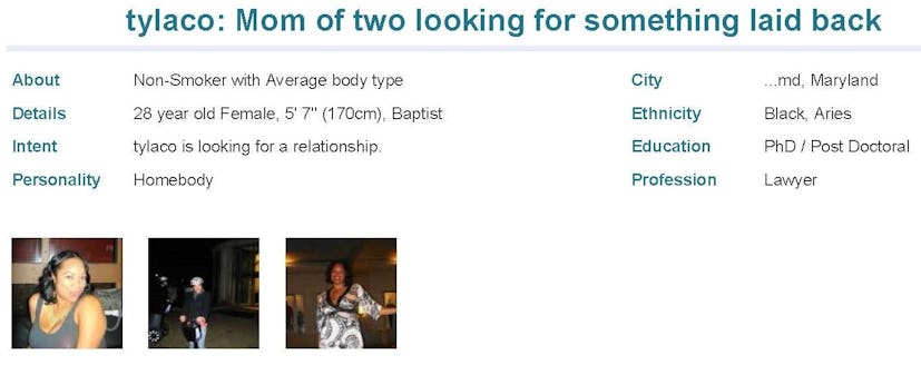 Online dating profile of "tylaco: Mom of two looking for something to laid back" summary 