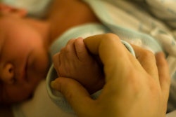 Newborn holding its mothers finger