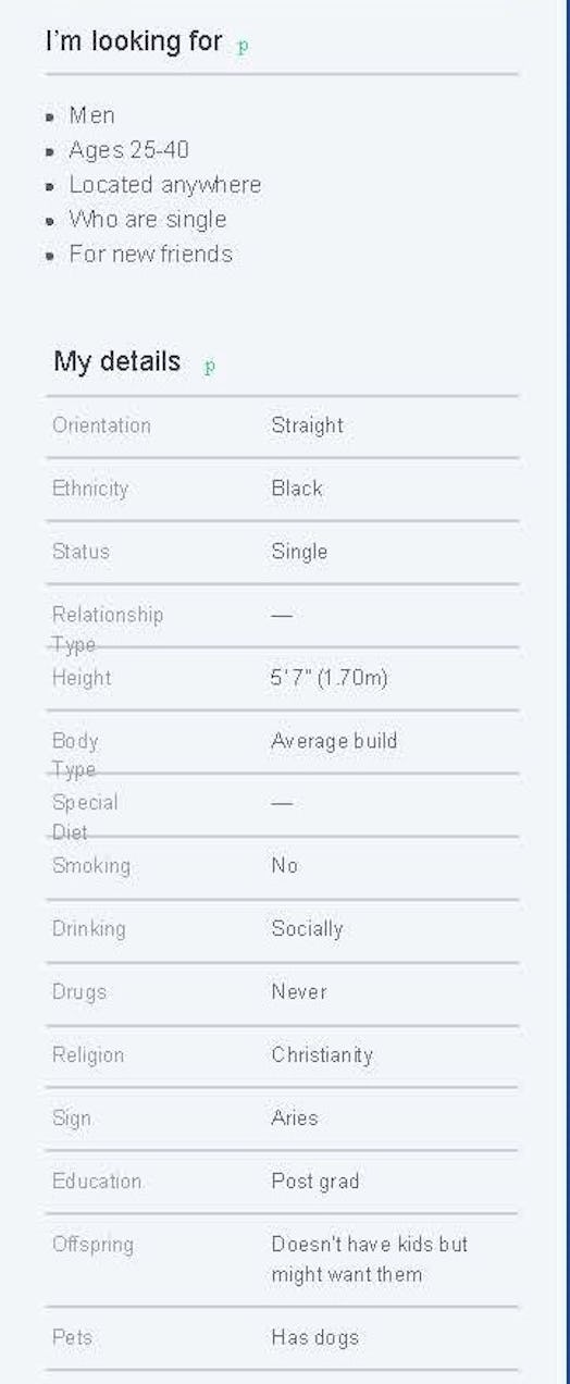 Online dating profile questionnaire where you can write who you are looking for and your details
