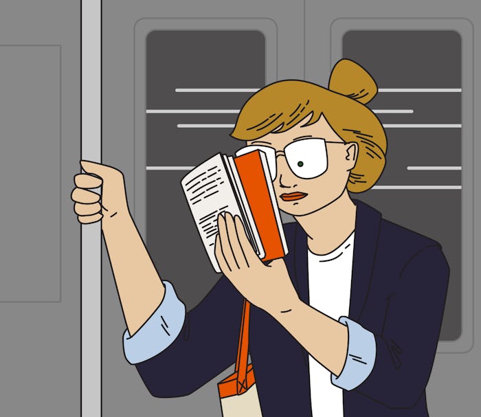 An illustration of a mother studying on the subway