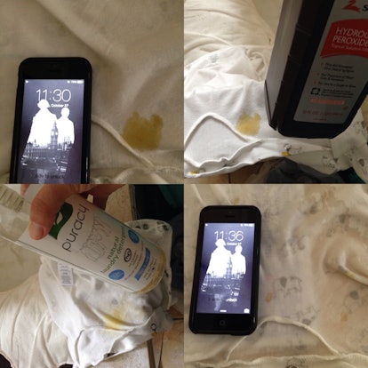 Pictures showing a product's effectiveness in removing stains from baby clothes in a period of six m...