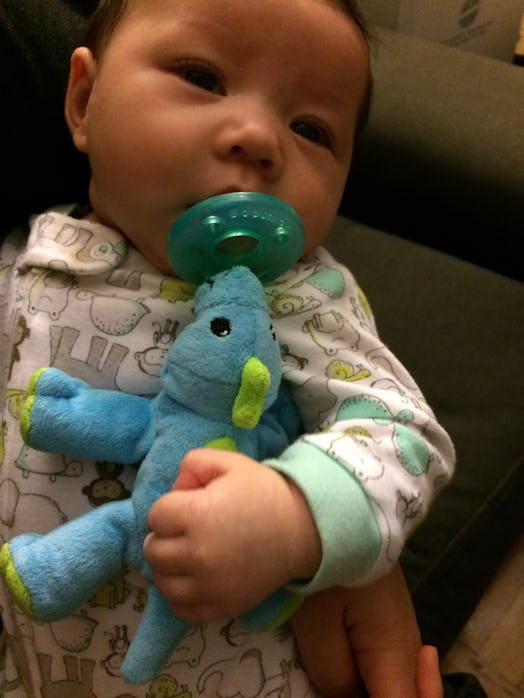 A newborn with a blue pacifier wearing a onesie with animals and a blue plushie toy in hand.