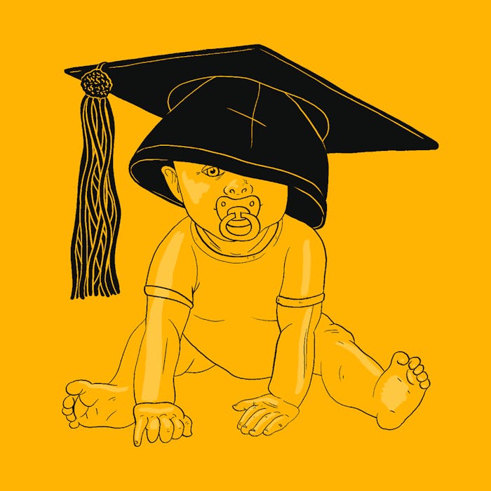 An illustration of a baby sitting on the floor and wearing a college graduation hat