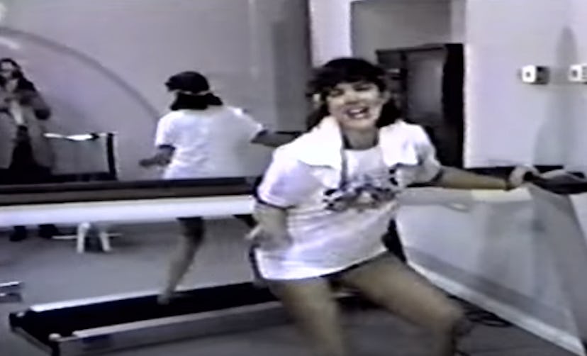 Kris sing-talking on a treadmill in some kinda underwear-like shorts