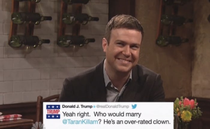 Taran Kilam smiling to a faux tweet of Donald Trump saying how he is an oversized clown