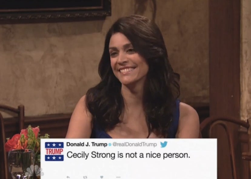 Cecily Strong smiling to a faux tweet of Donald Trump saying how she is not a nice person