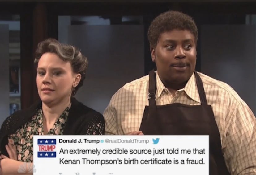 Kenan Thompson being surprised with a faux tweet of Donald Trump saying how his birth certificate is...