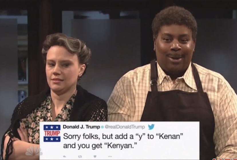 Kenan Thompson being surprised with a faux tweet of Donald Trump saying how when you add a "y" to "K...