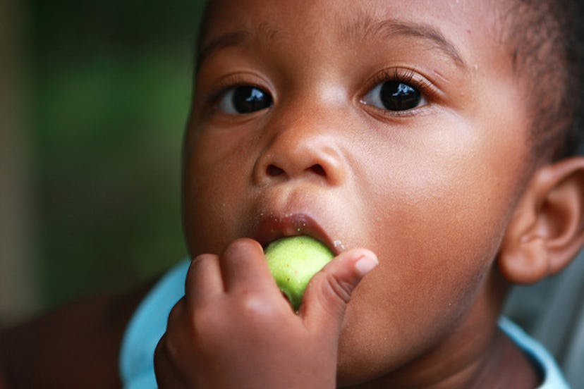 A small boy eating a cucumber