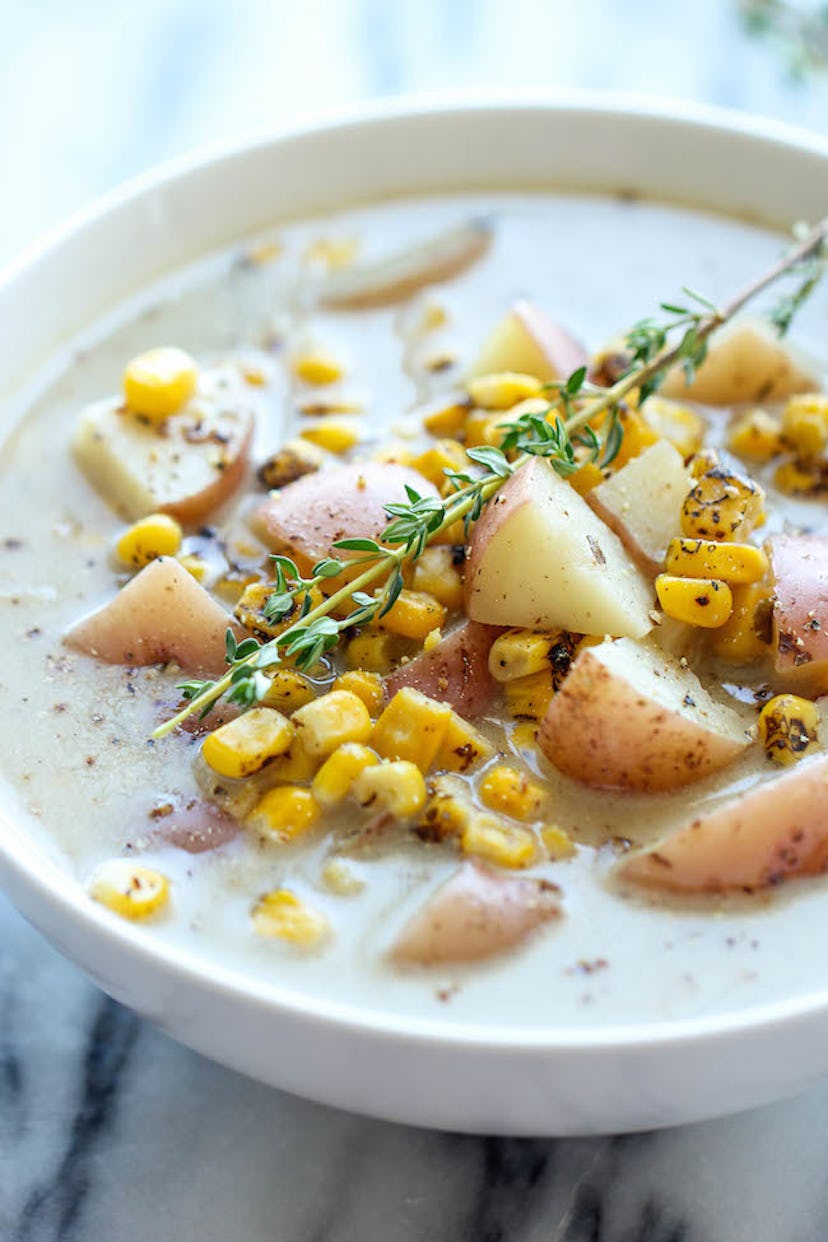 A white bowl of Potato and Corn Chowder