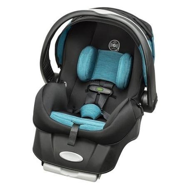 Black and light blue child car seat with a sensor safe technology