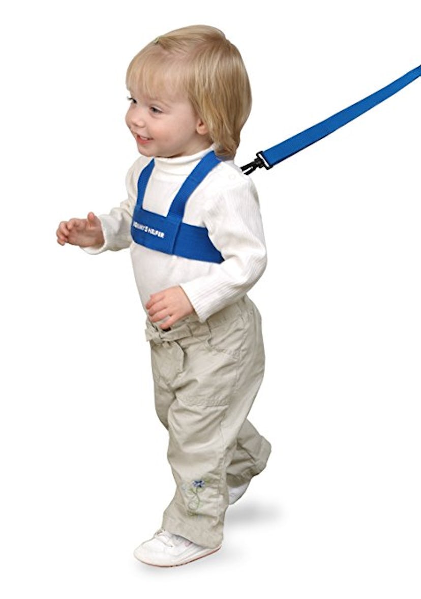 A little blonde boy wearing a blue toddler friendly leash that serves as a mom's helper to keep thei...