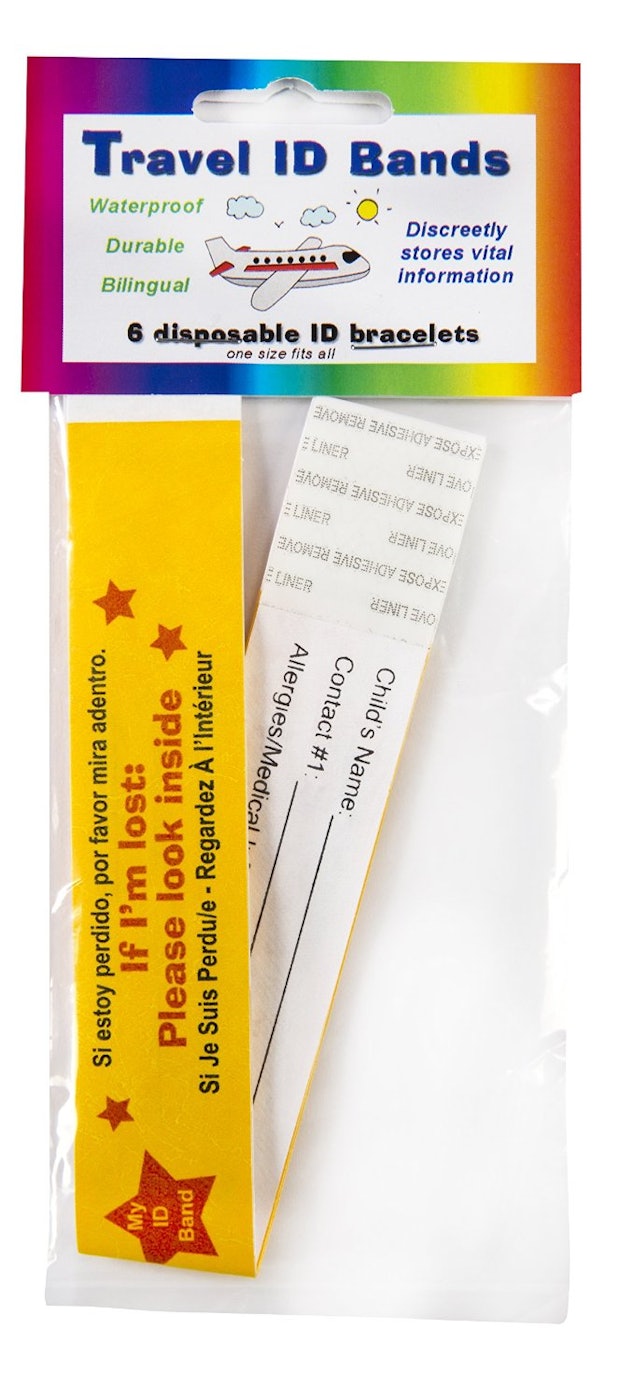 Pack of yellow and white travel ID bands, which are used as bracelets