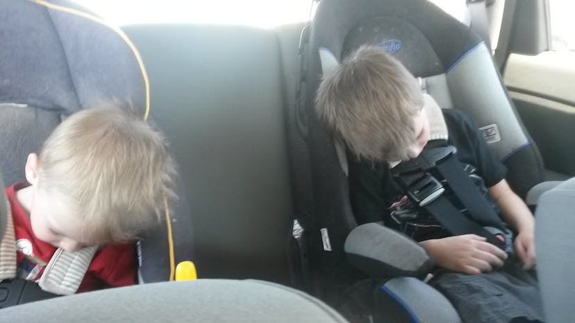 Two toddler brothers sleeping in the car