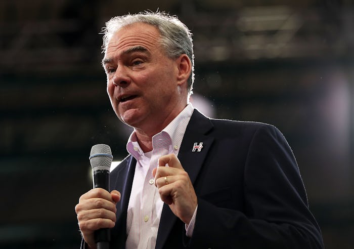 Tim Kaine's giving his closing statement in a black suit and white button-up