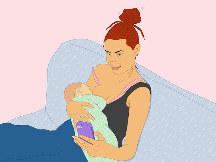 An illustration of a mom breastfeeding her baby on the couch