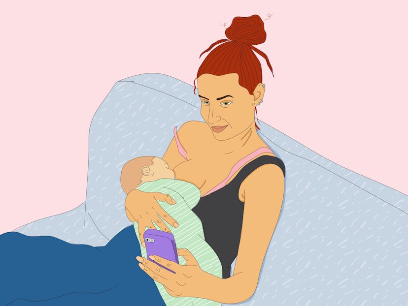 An illustration of a mom breastfeeding her baby on the couch
