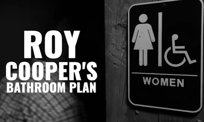 Collage of "Roy Cooper's bathroom plan" text and a toilet sign for women and disabled people