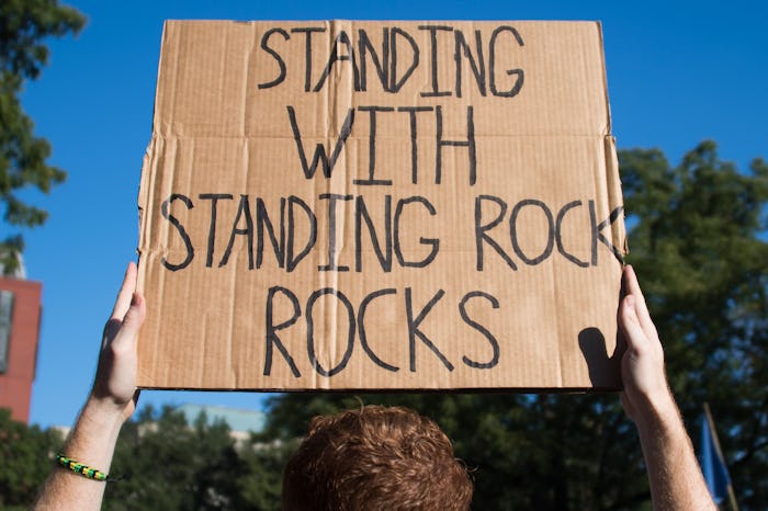 A protestor holding a carboard sign that says "standing with standing rock rocks" 