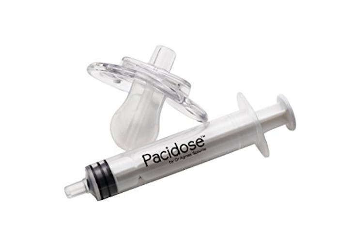 A pacifier that dispenses medicine with the use of a syringe