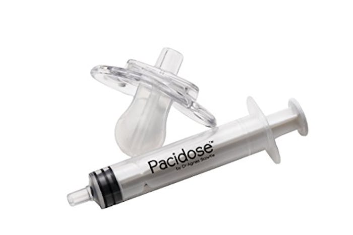 A pacifier that dispenses medicine with the use of a syringe 