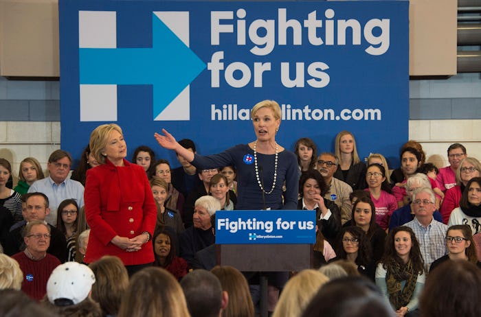Cecile Richards from Planned Parenthood giving a speech with Hillary Clinton standing next to her