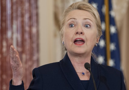 Hillary Clinton giving a speech in a black blazer