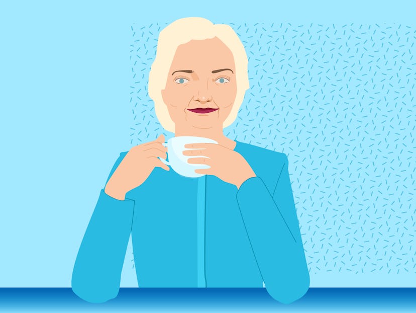 An illustration of Hillary Rodham Clinton wearing a blue jacket while holding a cup, sitting in fron...
