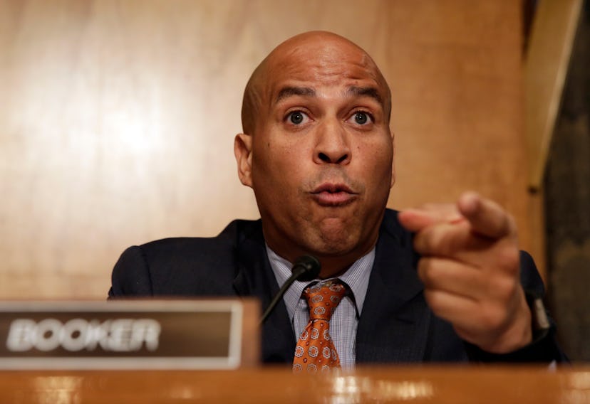 Sen. Cory Booker giving a speech and pointing with his finger