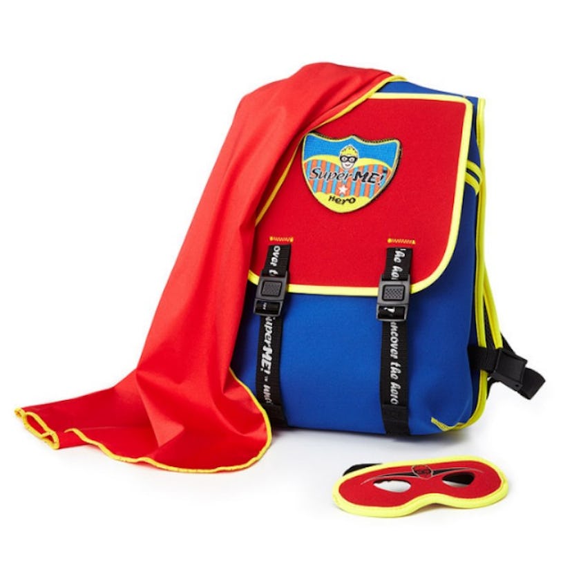 Superhero backpack in Superman colors  with  hidden attached cape and coordinating eye mask