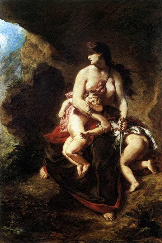 A panting by Eugene Delacroix of a woman who wants to kill her children in a cave