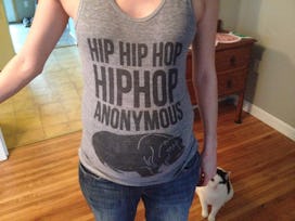 Pregnant woman with hemorrhoid's wearing a hip hop anonymous shirt