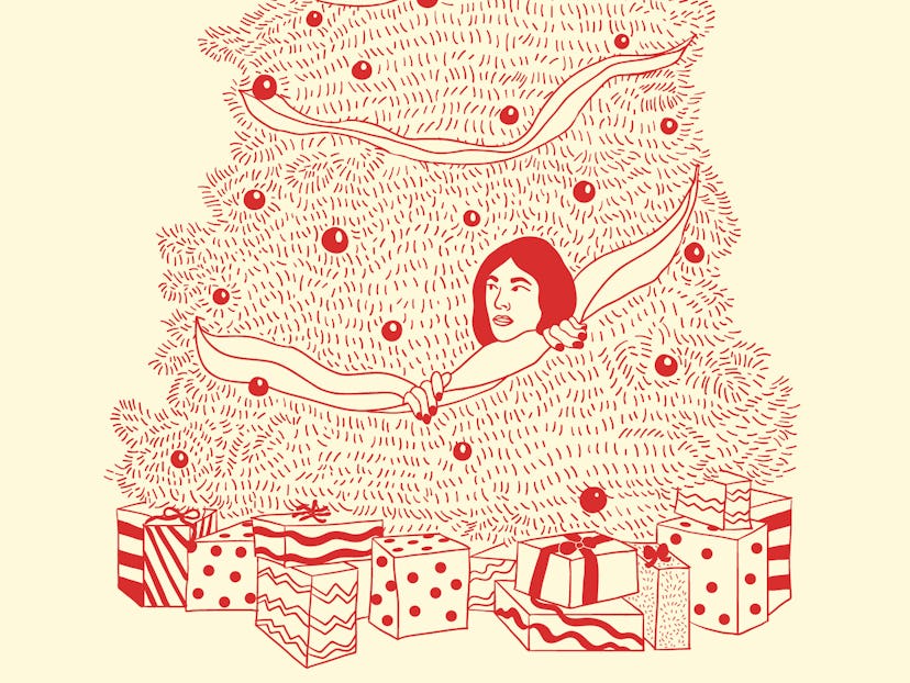 An illustration of a women hiding in a christmas tree