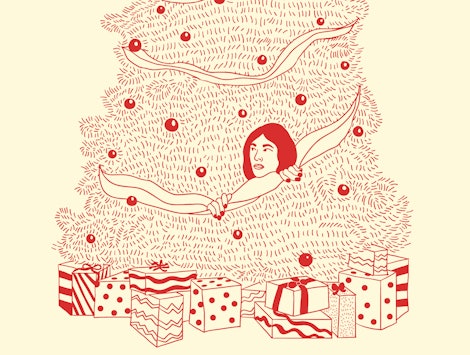 An illustration of a women hiding in a christmas tree