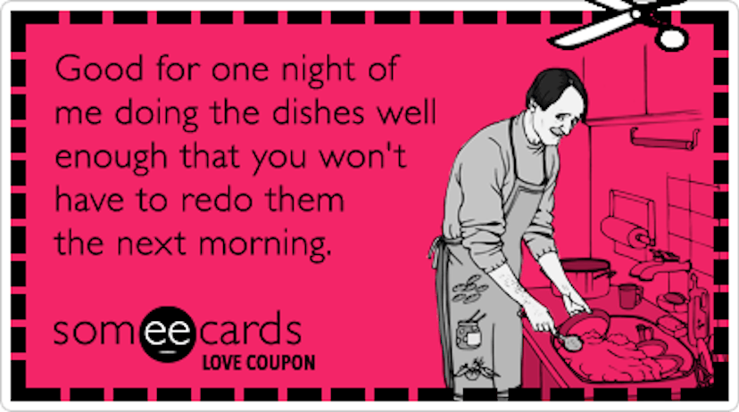 A someecard with a man washing dishes instead of his wife on Valentine's Day