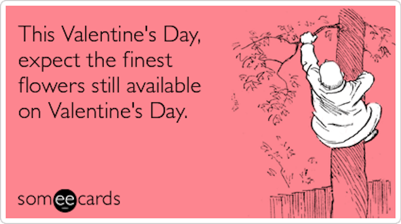 A someecard with "this valentine's day expect the finest flowers still available on Valentine's day"...