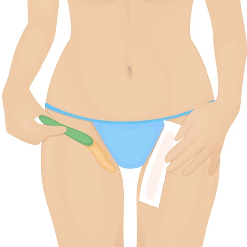 An illustration of a woman in underwear putting on wax to her bikini area.