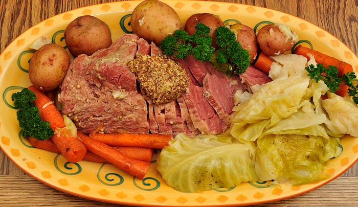 Corned beef & cabbage served on a plate on St. Patrick's Day