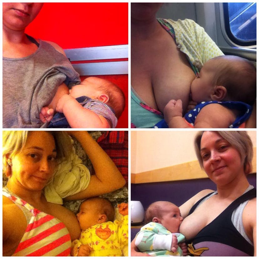 Four images of the same woman breastfeeding her baby