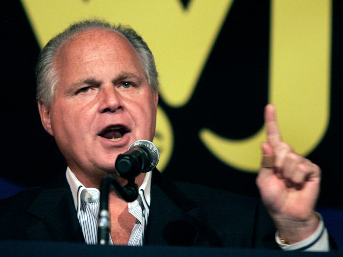 Rush Limbaugh talking into a microphone about Harambe
