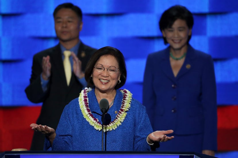 Mazie Keiko Hirono giving a speech in a blue coat