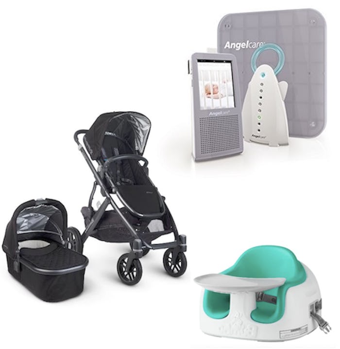 A collage with useful baby products: UPPAbaby VISTA Stroller, Bumbo Multi Seat, And A Monitor For Mu...
