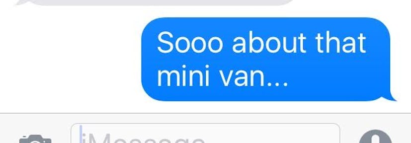 Woman reflecting on the mini van in a text message