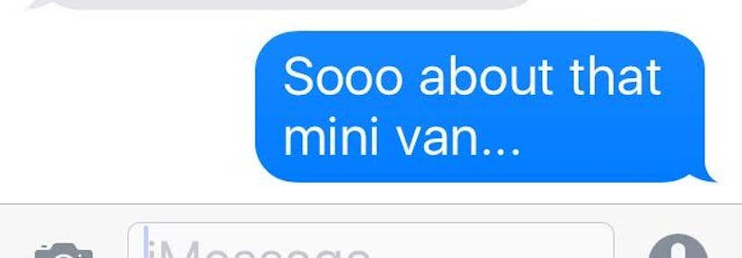 Woman reflecting on the mini van in a text message