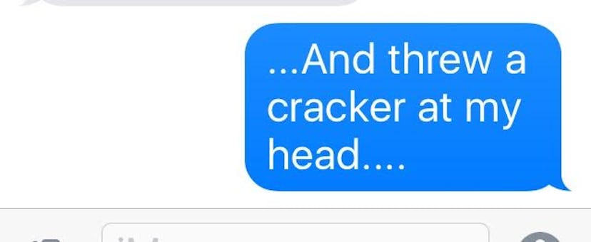 Text message saying "And threw a cracker at my head"