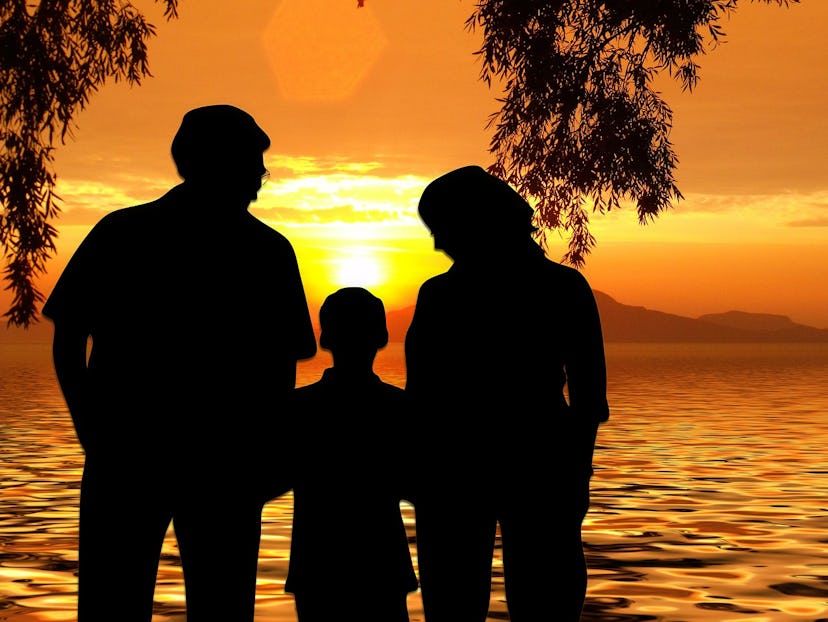 Two parents with their child in the middle, all holding hands and looking at a sunset 