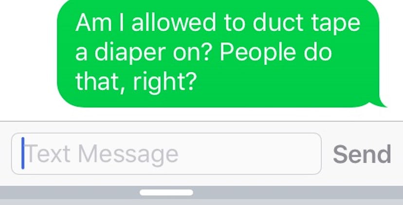 Helpless mother asking her friend through the text if she's allowed to duct tape a diaper