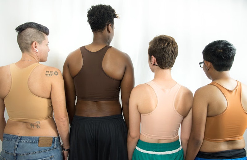 Transgender people wearing various colored chest Binders.	