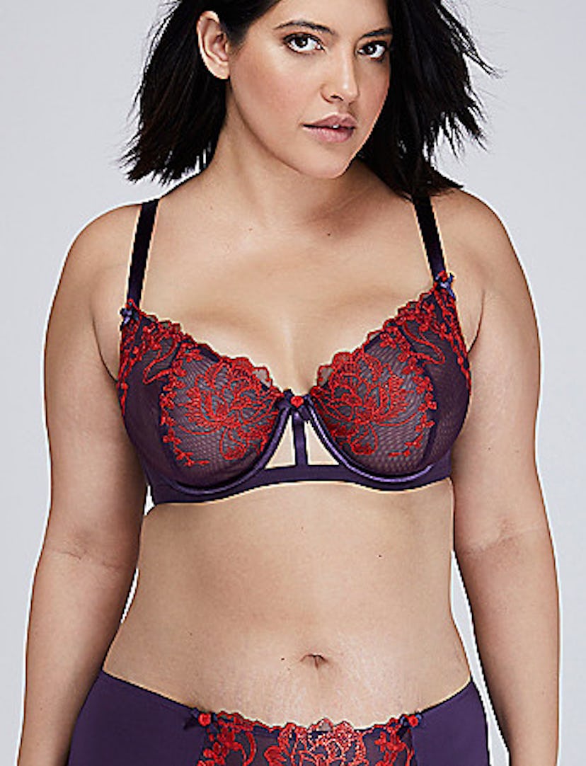 A plus size model posing in a rose embroidered full coverage bra